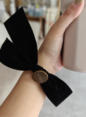 「吾庄」原创个性设计复古金属圆扣头饰进口双面丝绒蝴蝶结发圈