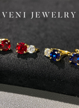 Veni珠宝 蓝调时光 培育蓝宝石耳钉K黄色耳扣彩宝微镶百搭日常E07