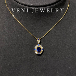 Veni珠宝 罗马旧事 培育蓝宝石吊坠项链925银镀18K金皇家蓝女N05