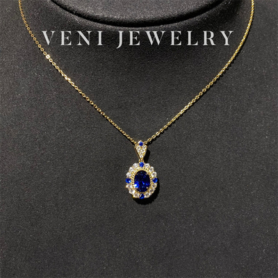 Veni珠宝 罗马旧事 培育蓝宝石吊坠项链925银镀18K金皇家蓝女N05