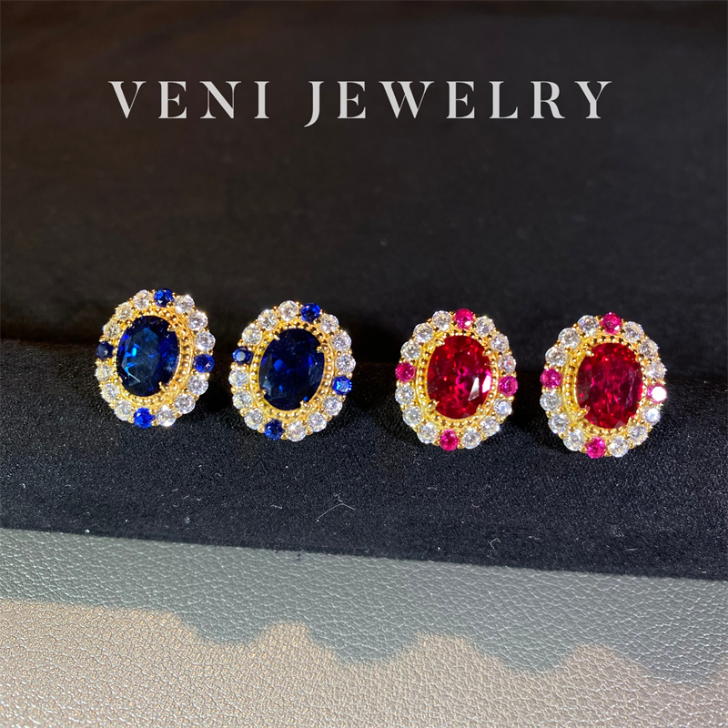 Veni珠宝 罗马旧事 培育红宝石耳钉皇家蓝鸽子蛋2克拉18K满钻N05