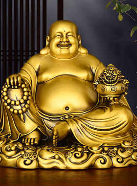 全黄铜弥勒佛像摆件大肚佛坐莲笑佛家用客厅装饰供奉铜像家居饰品