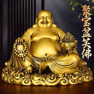 全黄铜弥勒佛像摆件大肚佛坐莲笑佛家用客厅装 饰供奉铜像家居饰品