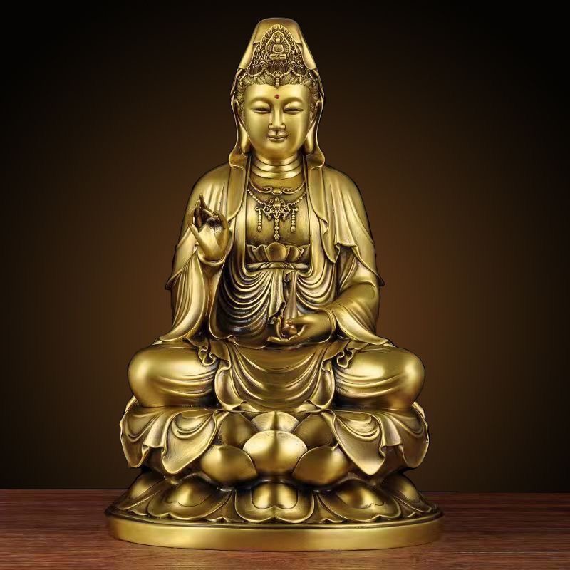 纯黄铜观音菩萨摆件大小号坐莲观世音家用佛堂桌面供奉高档观音像