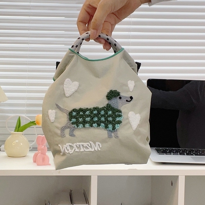 日系刺绣mini腊肠狗环保袋帆布迷你包斜挎包通勤包ball chain