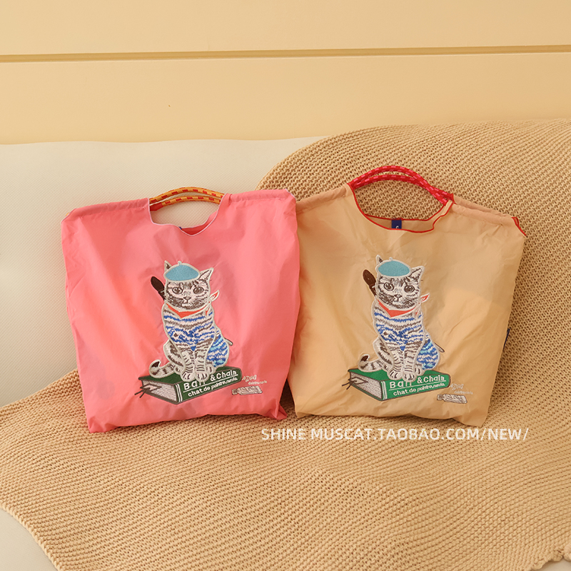 ball chain日系画家猫刺绣购物袋大容量尼龙环保袋手提单肩斜挎包