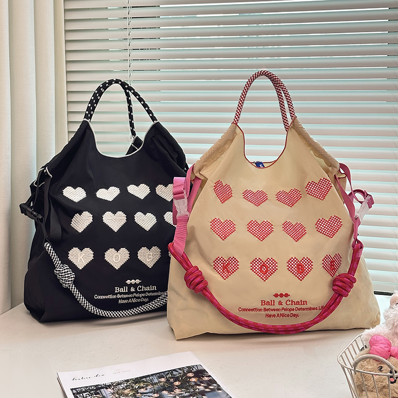麦町汀日系ball chain刺绣爱心环保袋斜挎手提帆布包购物袋通勤包