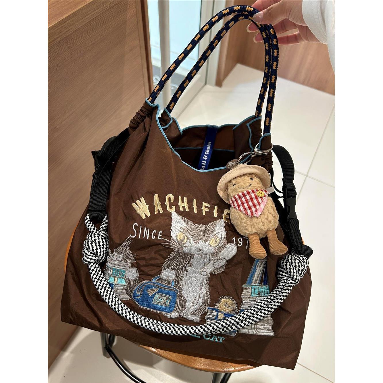 日系ball chain刺绣达洋猫环保购物袋斜挎帆布包通勤单肩包大容量