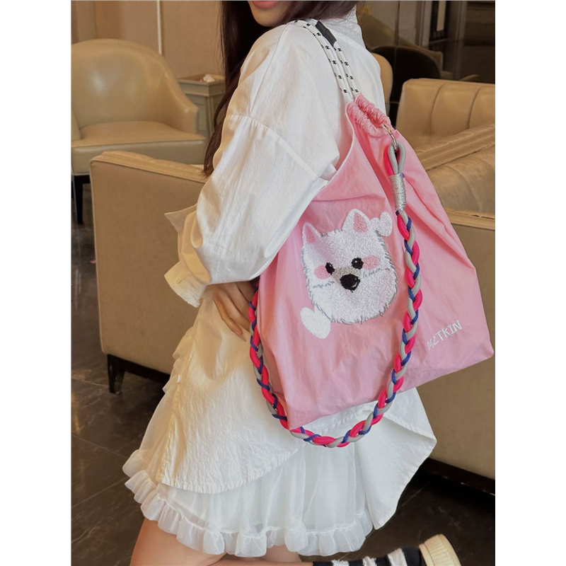 日系ball chain刺绣粉色西高地环保袋帆布购物袋大容量通勤包女包