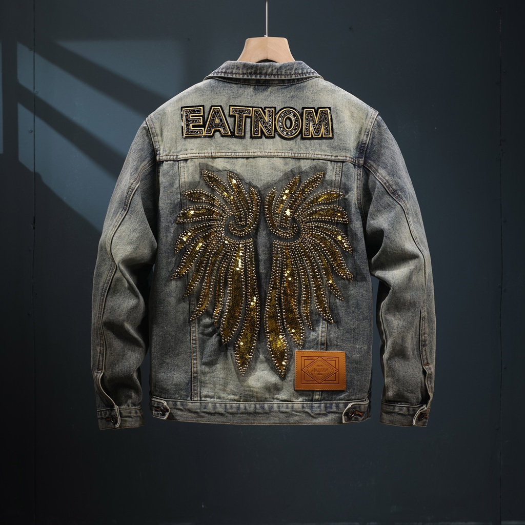 2025秋冬款高端刺绣牛仔外套男宽松大码上衣美式重工水洗工装夹克