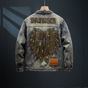 2026春秋款高端刺绣牛仔外套男宽松大码上衣美式重工水洗工装夹克