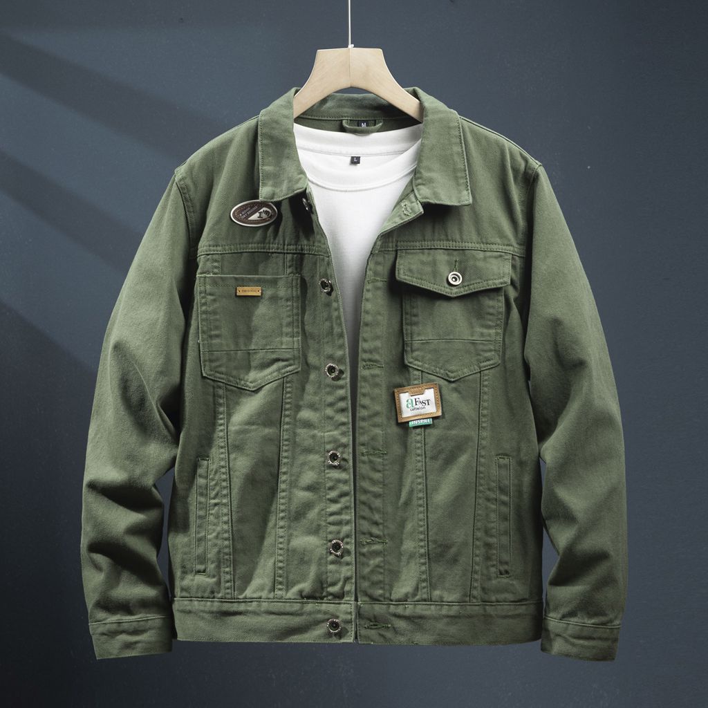 2025秋冬军绿牛仔外套男宽松合身夹克复古工装潮流休闲牛仔衣服