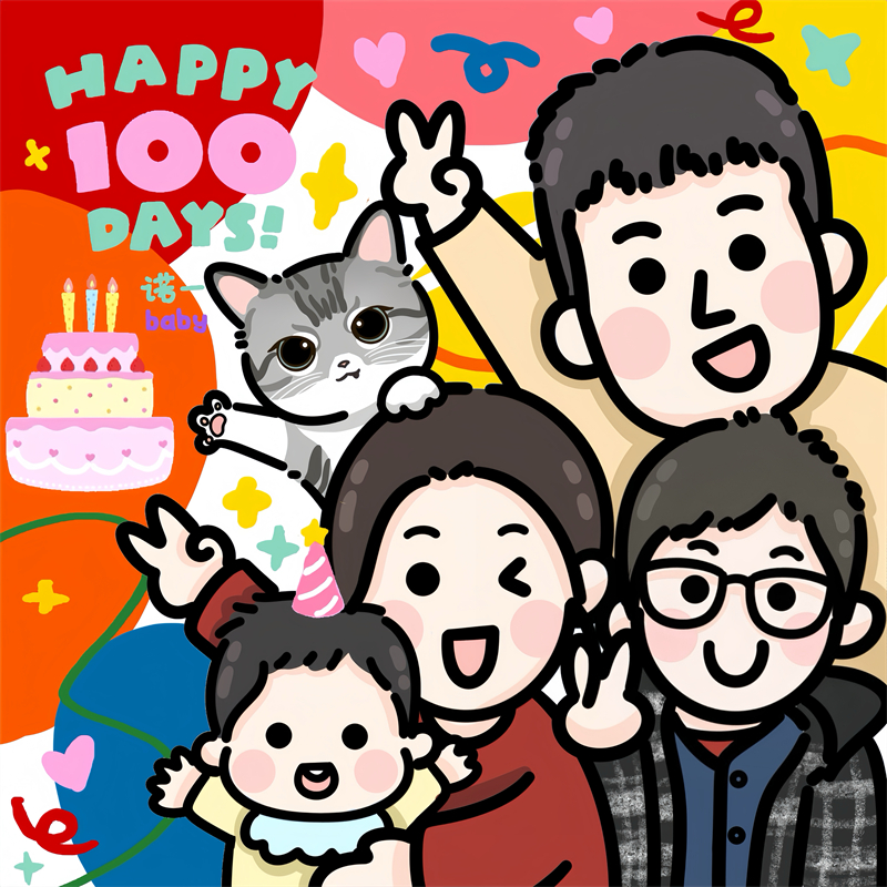 一家三口手绘头像宝宝宴邀请函