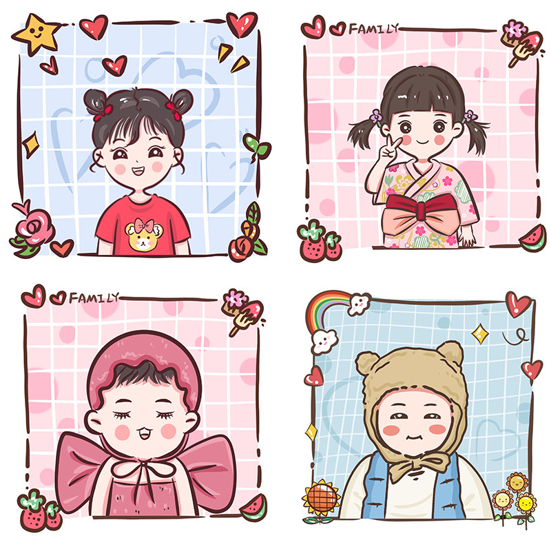 手绘宝宝头像定制卡通q版全家福一家三口动漫形象设计微信头像