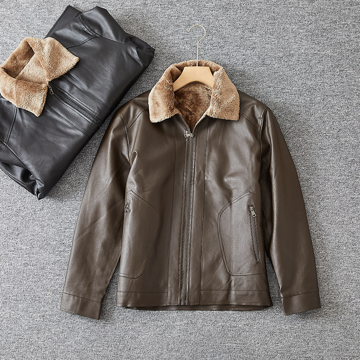 ODM公司单！皮毛拼接 外贸尾货男士秋冬休闲翻领加厚加绒皮衣外套