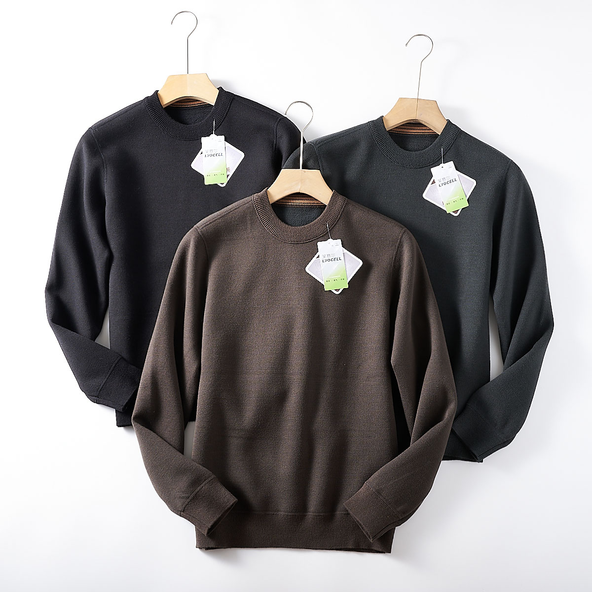 莱赛尔+绵羊毛！意式轻奢！ 外贸男装秋冬纯色圆领加绒针织打底衫