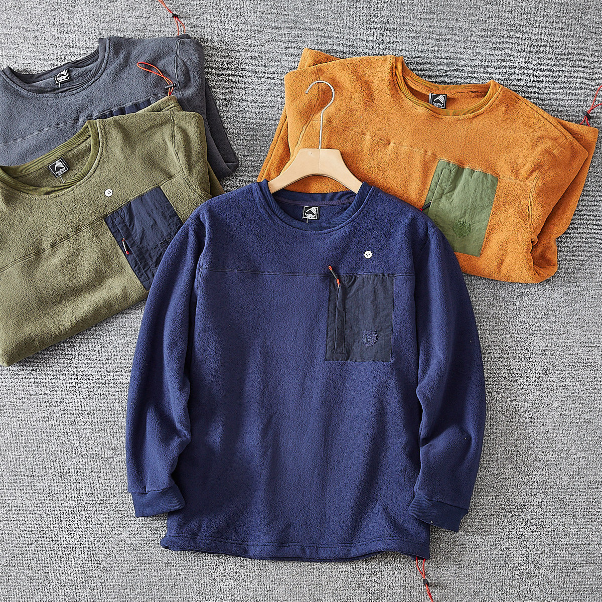 日单男装！双面摇粒绒加厚保暖潮流拼色口袋宽松休闲圆领套头卫衣