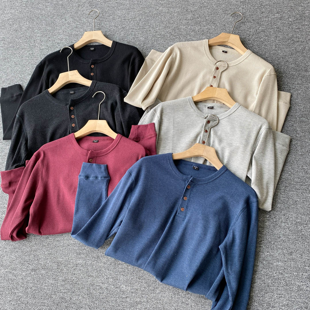 口碑好货！华夫格亨利领男士纯色宽松针织套头打底衫休闲长袖T恤