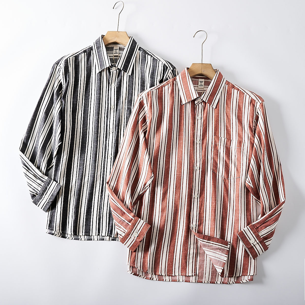 日系复古棉麻色织条纹长袖衬衫秋季男士时尚休闲竖条亚麻衬衣外套