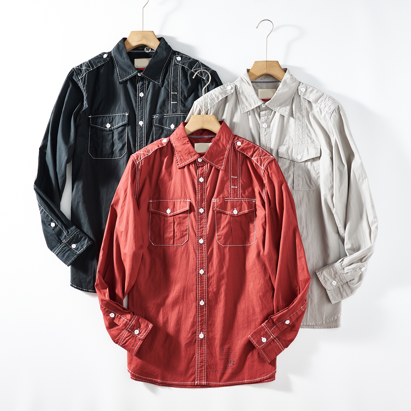 明线设计!出口订单外贸男装秋季纯棉百搭工装休闲长袖衬衫潮衬衣