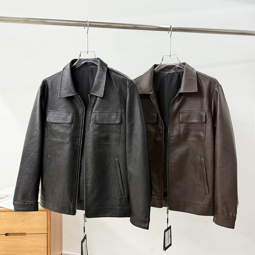 挺括有型！线下1000+外贸男装秋冬PU皮工装翻领皮衣夹克休闲外套