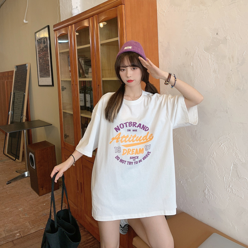 New loose round neck print versatile commuter solid short sleeve T-shirt student girl