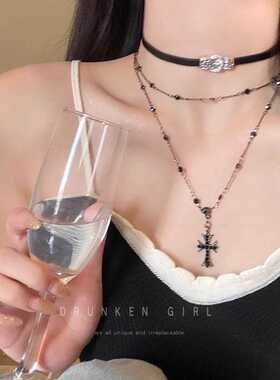 choker黑色十字架项链女夏长款双层叠戴配饰高级感甜酷辣妹锁骨链
