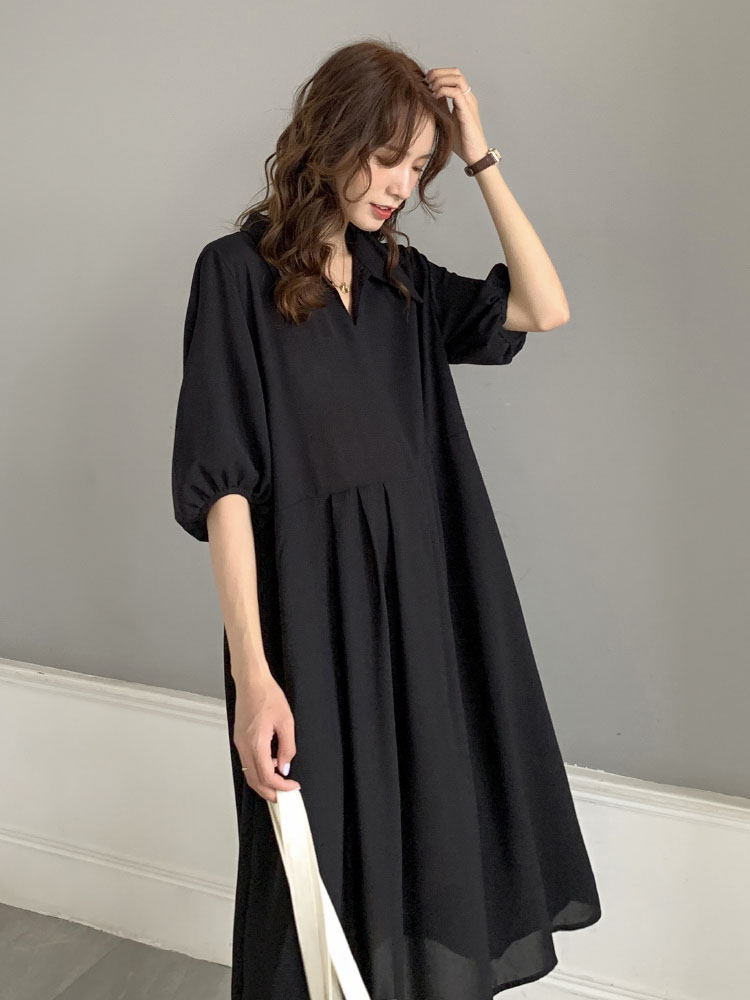 Pregnant women summer fashion skirt new medium and long version temperament black Ocean school Chiffon five-point sleeve Korean version of the tide mother dress