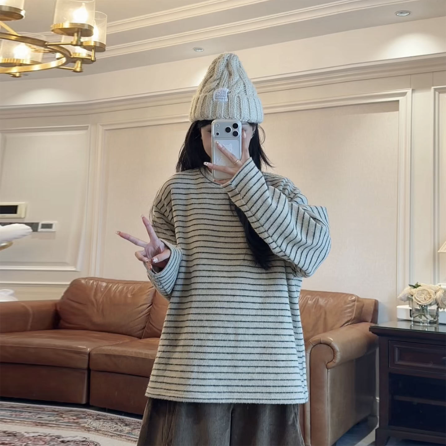 秋冬孕妇条纹磨毛长袖T恤打底衫