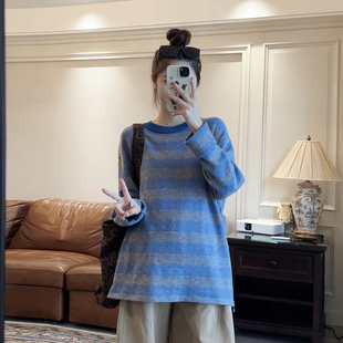 秋装 针织衫 毛衣宽松显瘦上衣 孕妇薄款 韩系圆领撞色条纹棉线打底衫