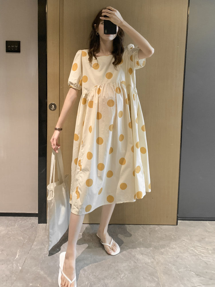 임산부 여름옷 패셔너블한 한국식 도트무늬 무릎위 롱스커트 트렌디한 엄마 반팔 여름 루즈원피스