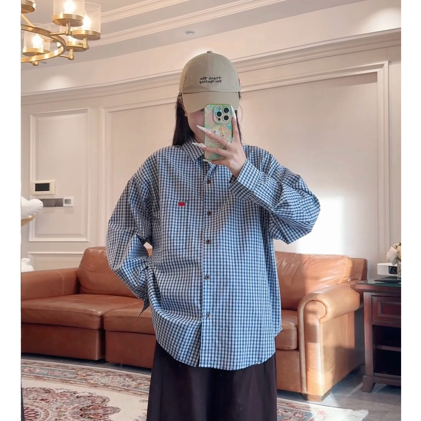 春秋慵懒风女长袖显瘦格纹衬衫