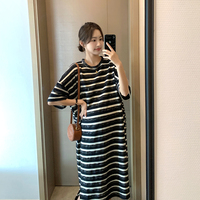 孕妇连衣裙夏装新款遮肚宽松显瘦大码T恤纯棉慵懒风过膝条纹长裙