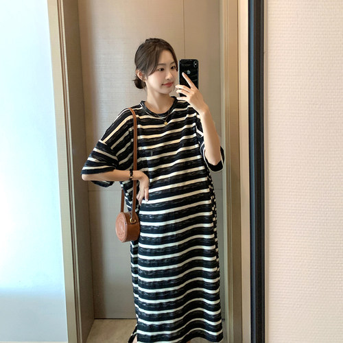 休闲孕妇显瘦条纹宽松纯棉T恤裙