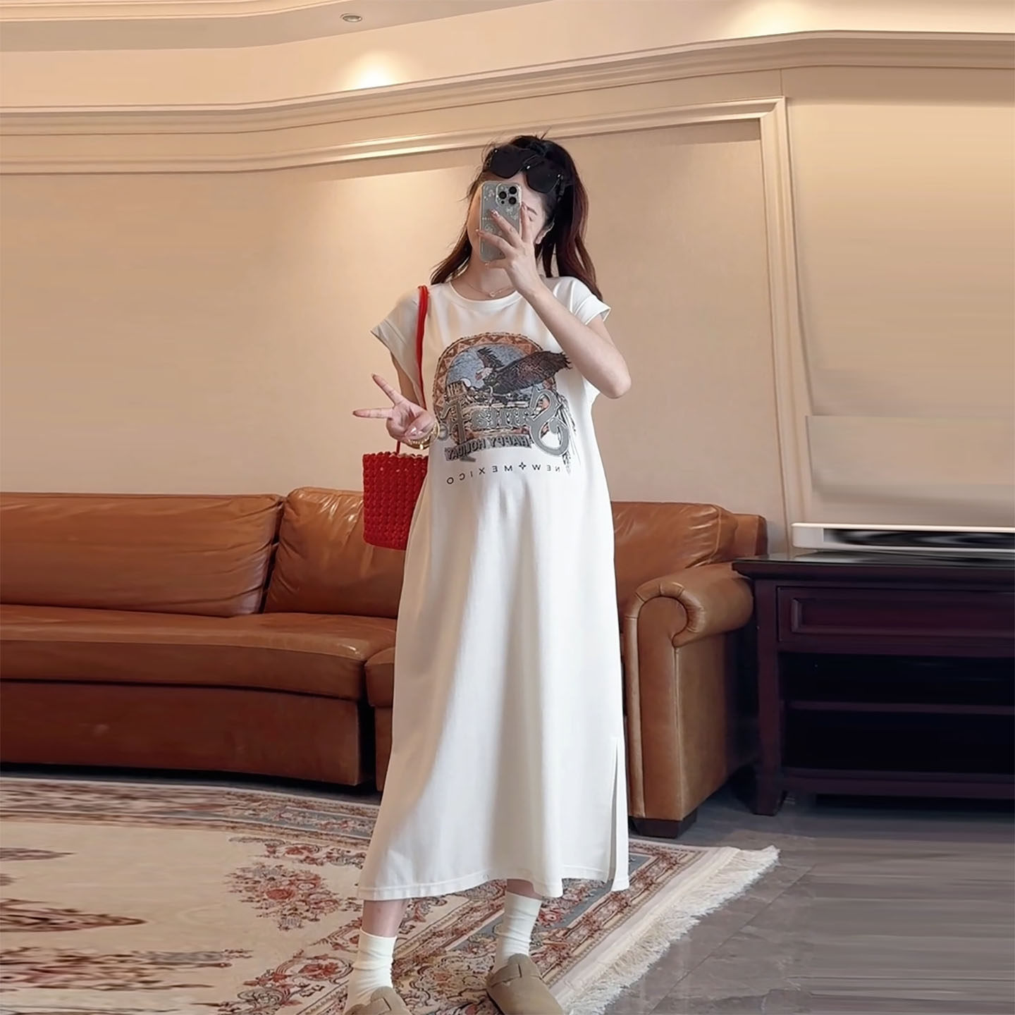 纯棉美式复古老鹰印花孕妇T恤裙