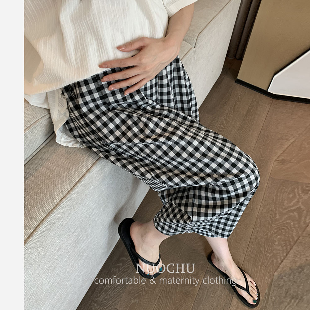 薄款格子孕妇裤子夏季外穿小个子阔腿裤不勒肚子无托腹休闲裤夏装