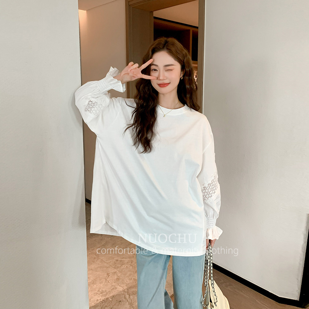 ◆诺初孕妇装◆绵白氧气~白色圆领拼接衬衣镂空喇叭袖宽松上衣