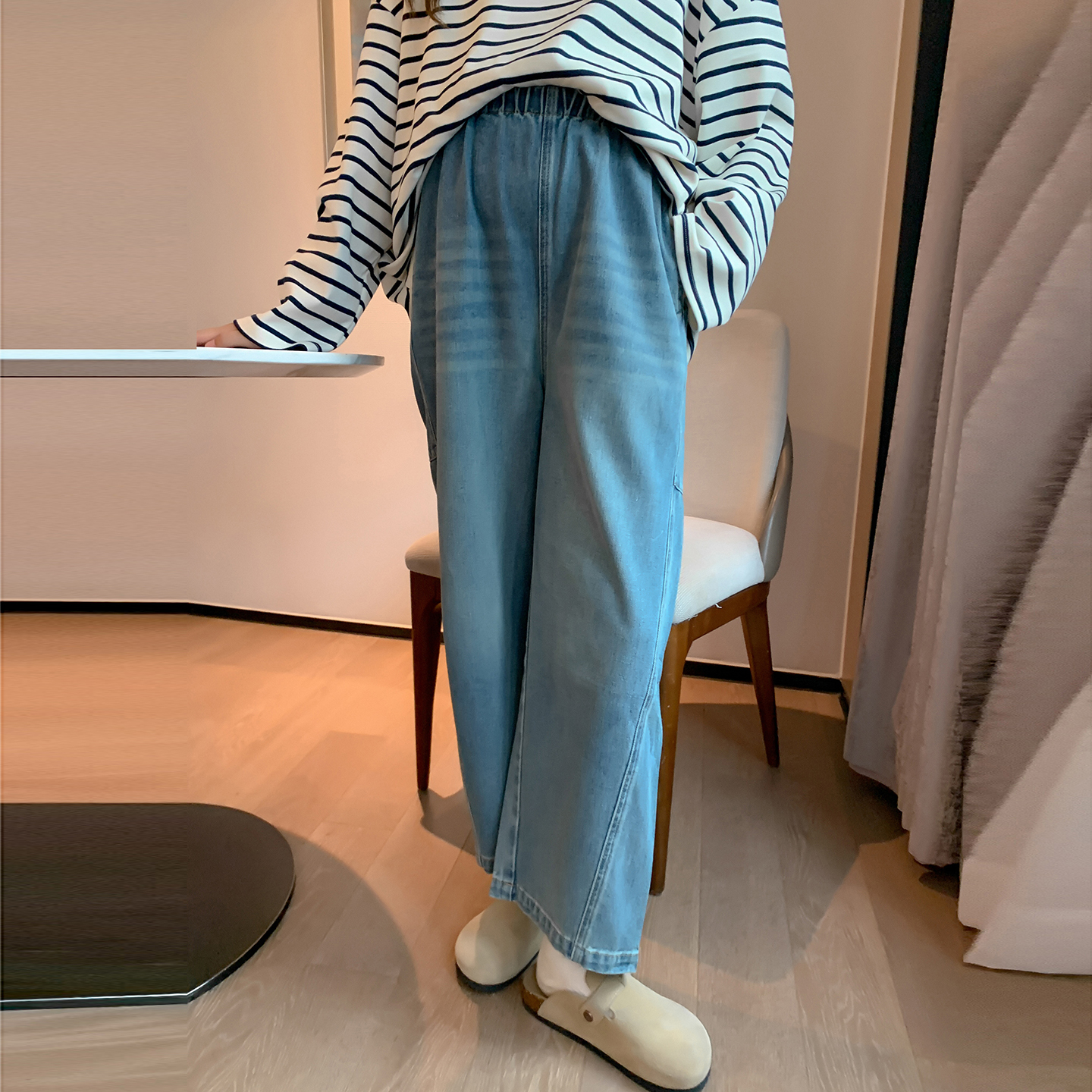 复古蓝~不勒肚子直筒牛仔裤宽松