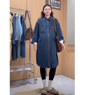 ◆诺初◆孕妇春装中长款牛仔连衣裙复古港风时尚翻领宽松休闲上衣
