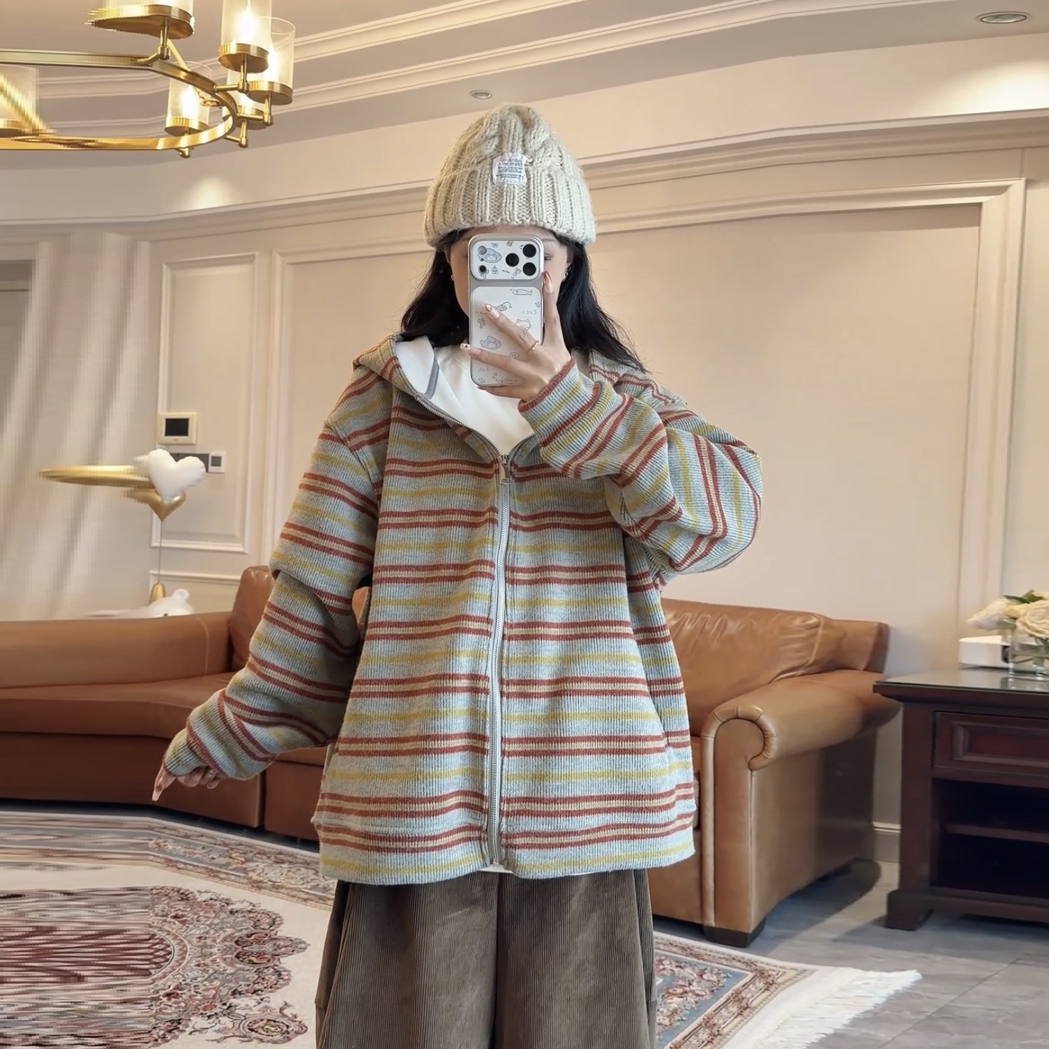 秋冬加绒复古条纹连帽拉链卫衣