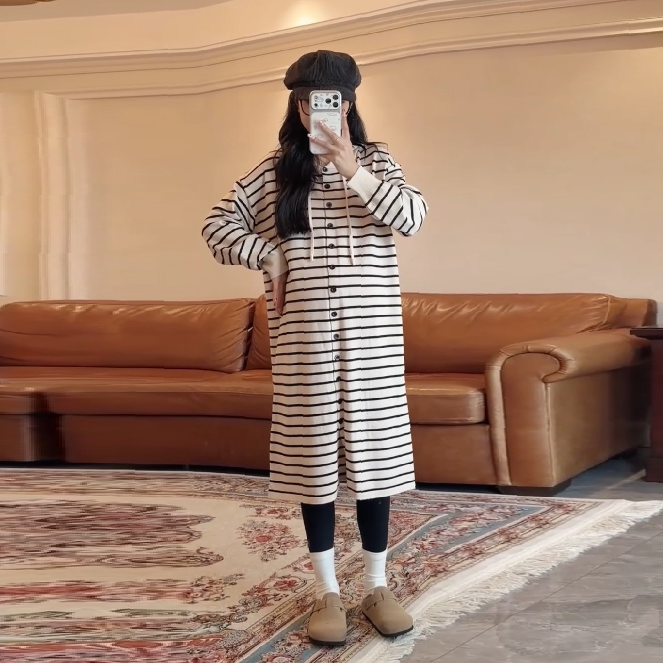 韩系慵懒风~孕妇装秋装条纹连帽宽松针织长裙遮肚显瘦孕期连衣裙
