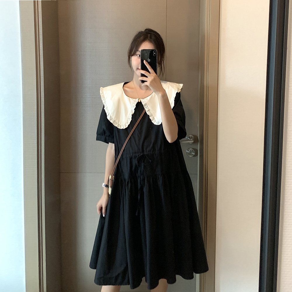诺初孕妇装夏季连衣裙女新款黑色宽松大码小个子时尚娃娃领孕妇裙