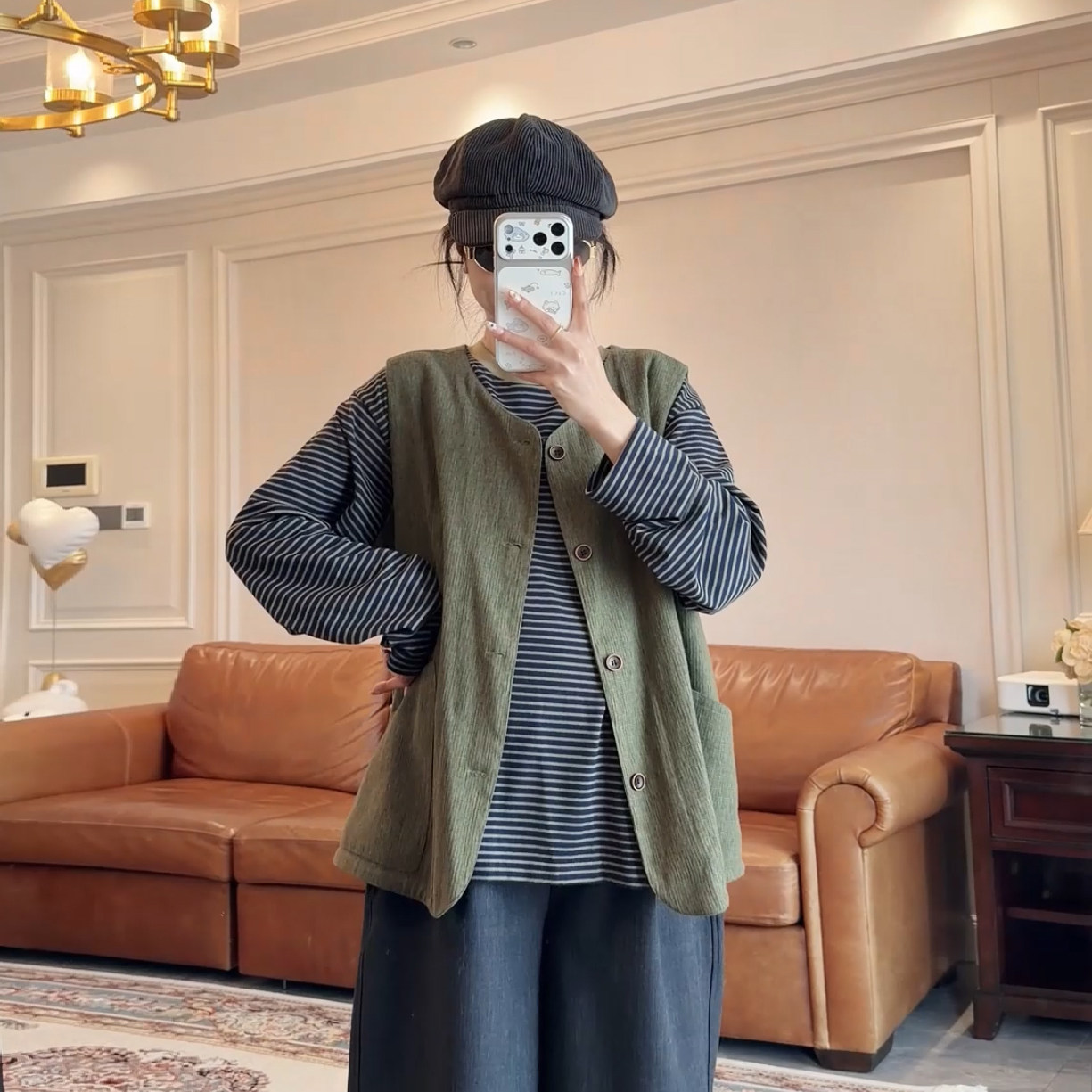 复古感洋气孕妇马甲条纹长袖叠穿