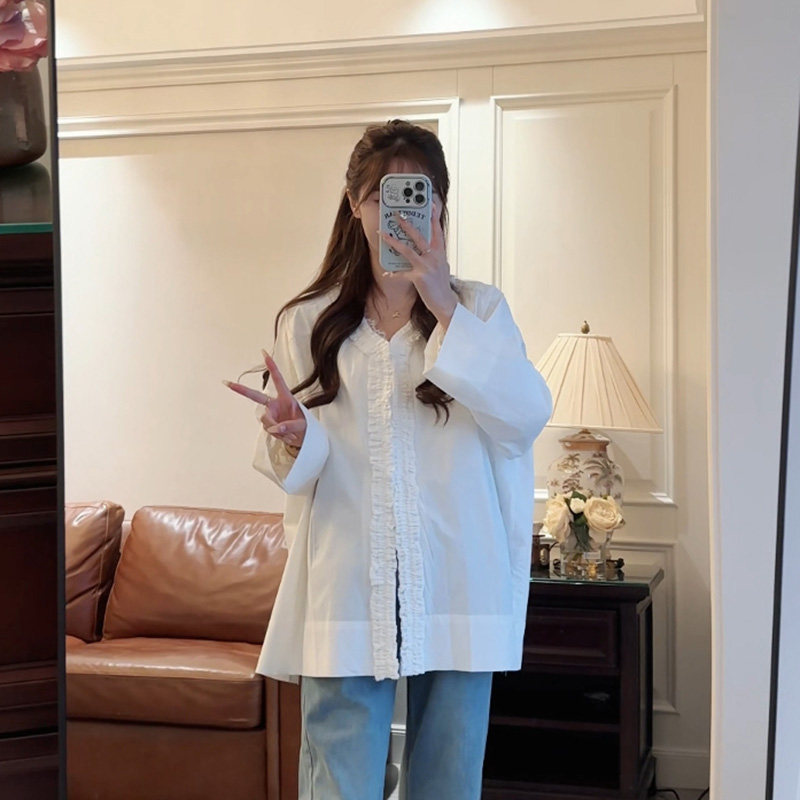 孕妇装衬衫2026新款春装时尚洋气棉质荷叶边V领上衣长袖衬衣宽松