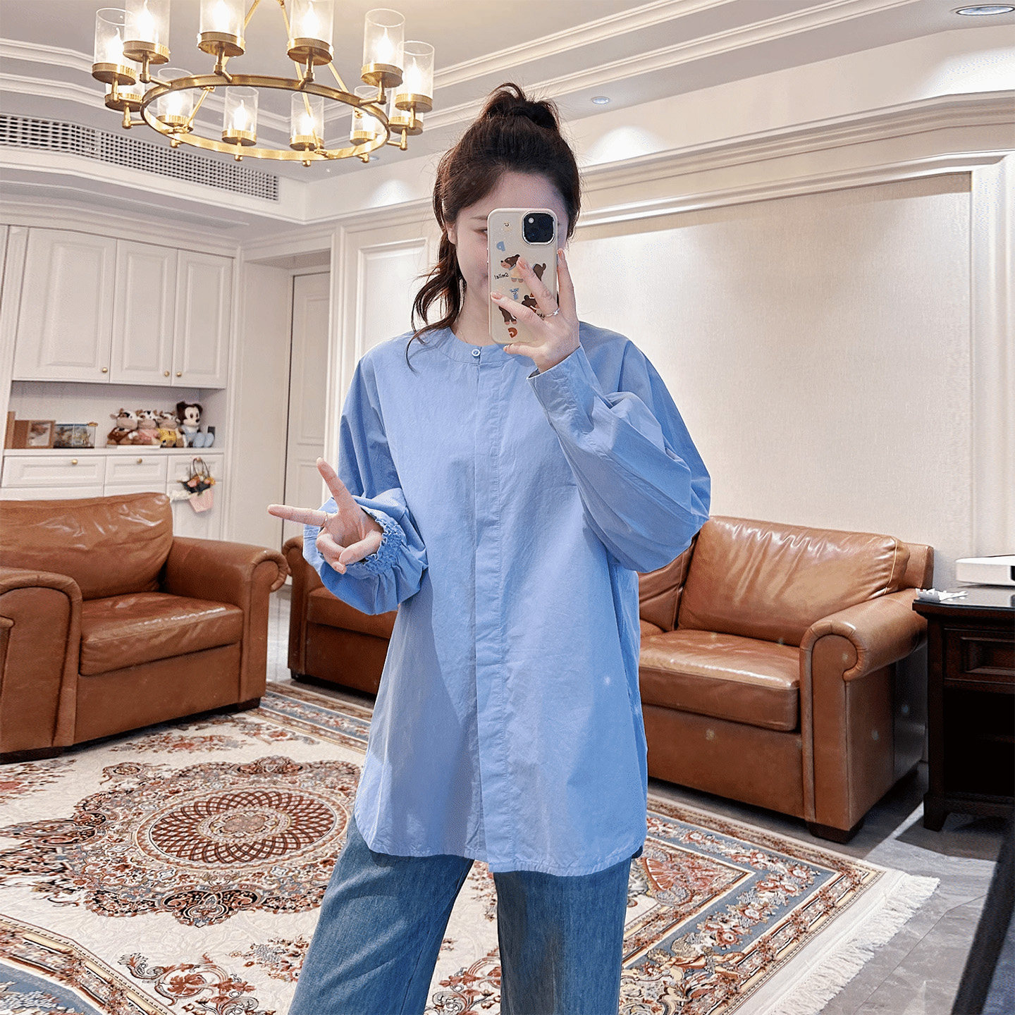 诺初◆韩系温柔风蓝色立领孕妇衬衫春秋宽松显瘦长袖上衣孕期百搭