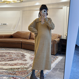 法式 孕妇翻领针织连衣裙秋冬款 宽松打底毛衣裙孕妇裙子 诺初