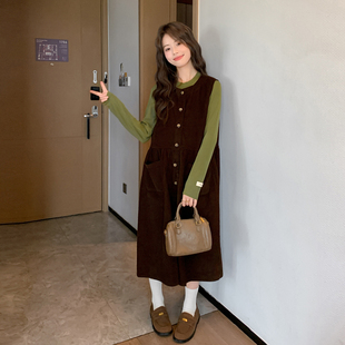 孕期穿搭背心裙减龄背带裙 套装 诺初孕妇装 洋气灯芯绒连衣裙春装