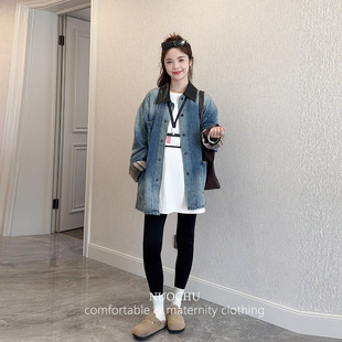 牛仔外套女 上衣翻领格子撞色领设计中长款 诺初孕妇装 韩国春秋装
