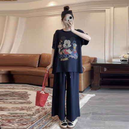 诺初~凉感冰丝套装~洋气不显怀孕妇装短袖上衣小个子阔腿裤两件套