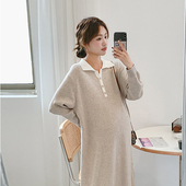 高级孕妇连衣裙新款 春秋撞色领毛衣裙针织孕妇裙子洋气时髦长裙